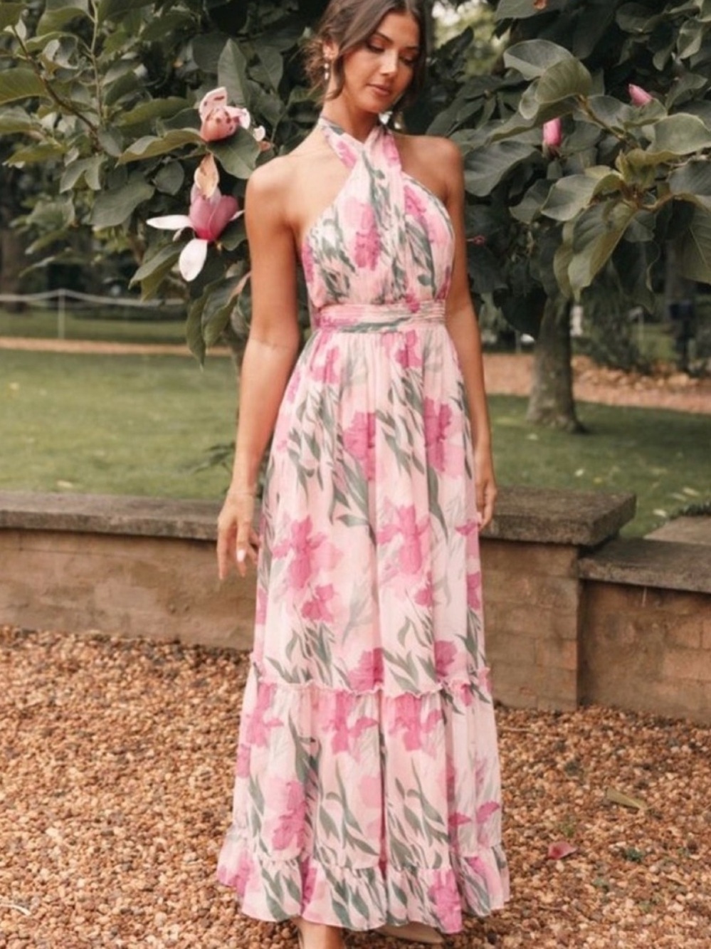 NWT Size L Petal & Pup LENNON HALTERNECK MAXI DRESS PINK FLORAL Tiered